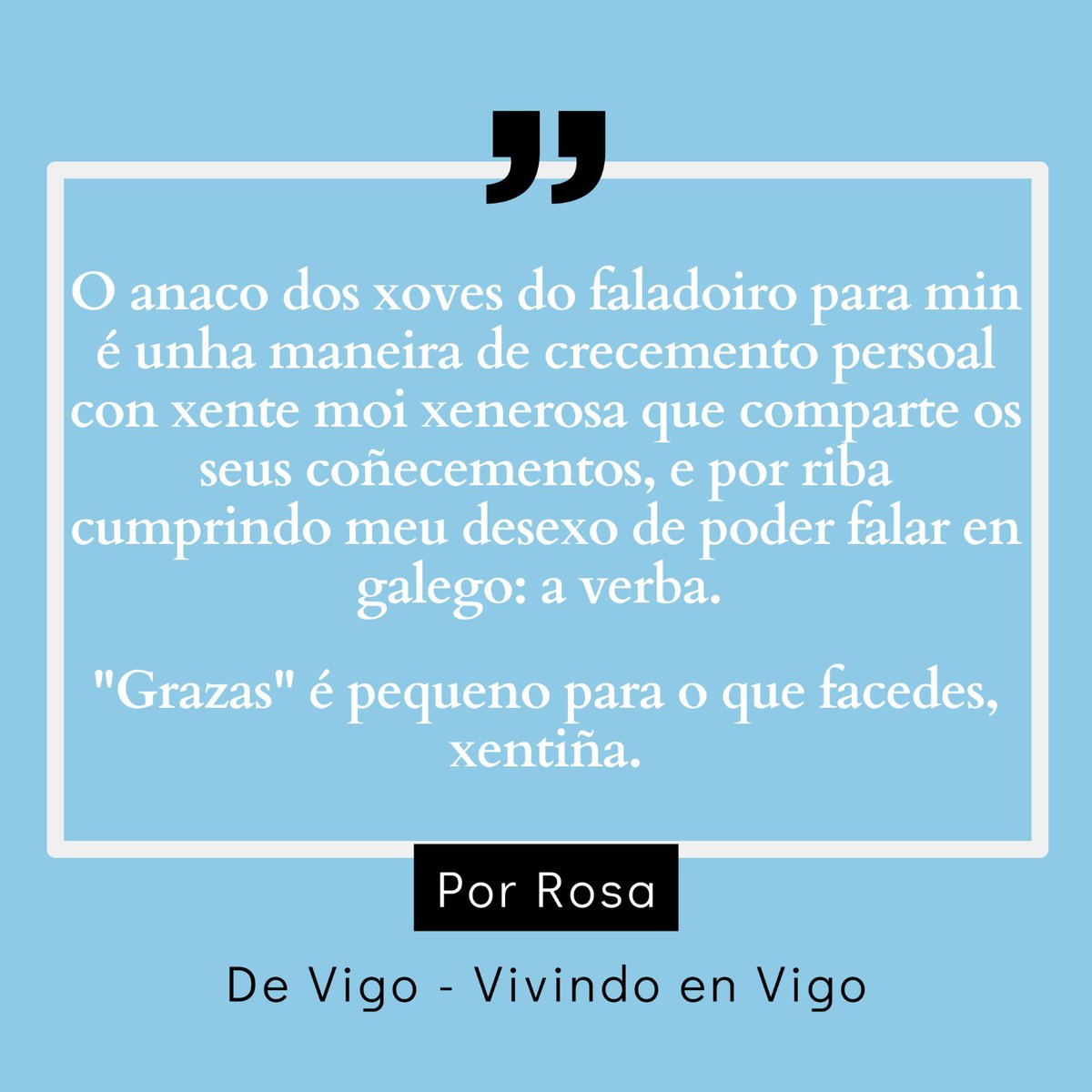 FaladoirosVigo's tweet image. Máis mostras de agarimo das nosas/os participantes. O galego une! 💙

👉 En breves abrimos o prazo de inscrición, estade atent@s...

#asociacionfaladoirosvigo #sempreengalego #milprimaverasmais #linguagalega #galego #conversaengalego #opracerdaconversa #Vigoengalego #Vigoemgalego