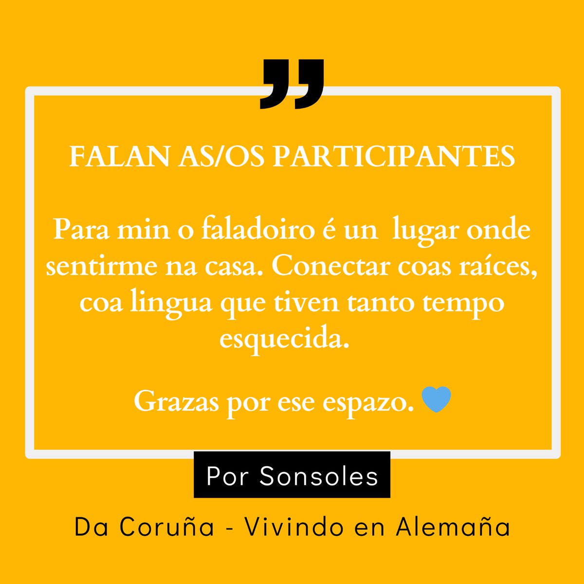 FaladoirosVigo's tweet image. Máis mostras de agarimo das nosas/os participantes. O galego une! 💙

👉 En breves abrimos o prazo de inscrición, estade atent@s...

#asociacionfaladoirosvigo #sempreengalego #milprimaverasmais #linguagalega #galego #conversaengalego #opracerdaconversa #Vigoengalego #Vigoemgalego