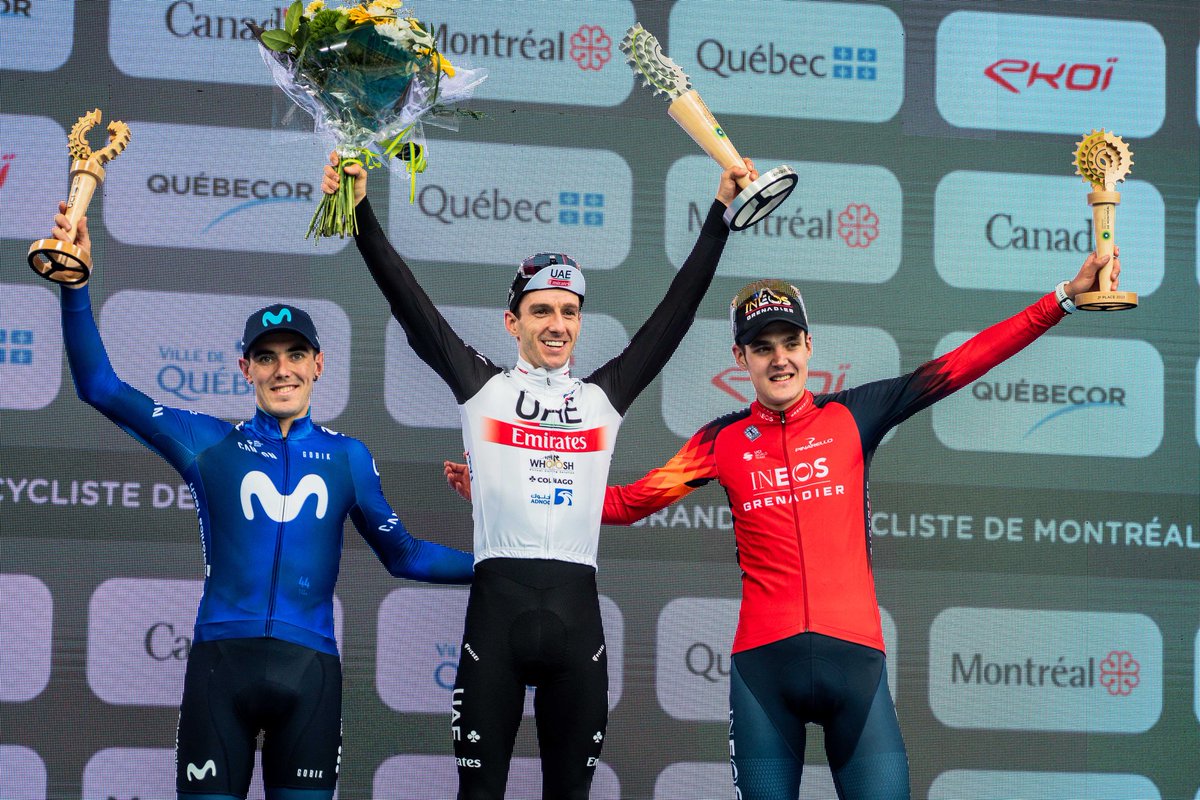 Le podium du Grand Prix Cycliste de Montréal 2023: 2023 Grand Prix Cycliste de Montréal podium: 🏆 @adamyates7 🇬🇧 🥈 @PavelSivakov 🇫🇷 🥉 @aranburualex 🇪🇸 #GPCQM 📷 James Startt #mtlmoments
