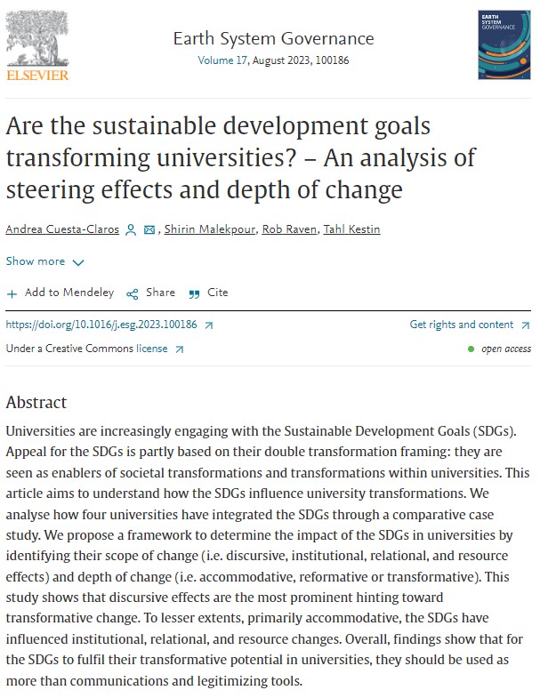 Earth System Governance Project (@esg_project) on Twitter photo Universities are increasingly integrating the SDGs for both societal and university transformations. This <a href="/ESG_Journal/">Earth System Governance Journal</a> comparative case study by <a href="/andreacuesta_c/">Andrea Cuesta Claros</a>, S. Malekpour, <a href="/Robraven/">Rob Raven</a> and T. Kestin reveals discursive effects, indicating transformation.
bit.ly/43WFmon Universities are increasingly integrating the SDGs for both societal and university transformations. This <a href="/ESG_Journal/">Earth System Governance Journal</a> comparative case study by <a href="/andreacuesta_c/">Andrea Cuesta Claros</a>, S. Malekpour, <a href="/Robraven/">Rob Raven</a> and T. Kestin reveals discursive effects, indicating transformation.
bit.ly/43WFmon