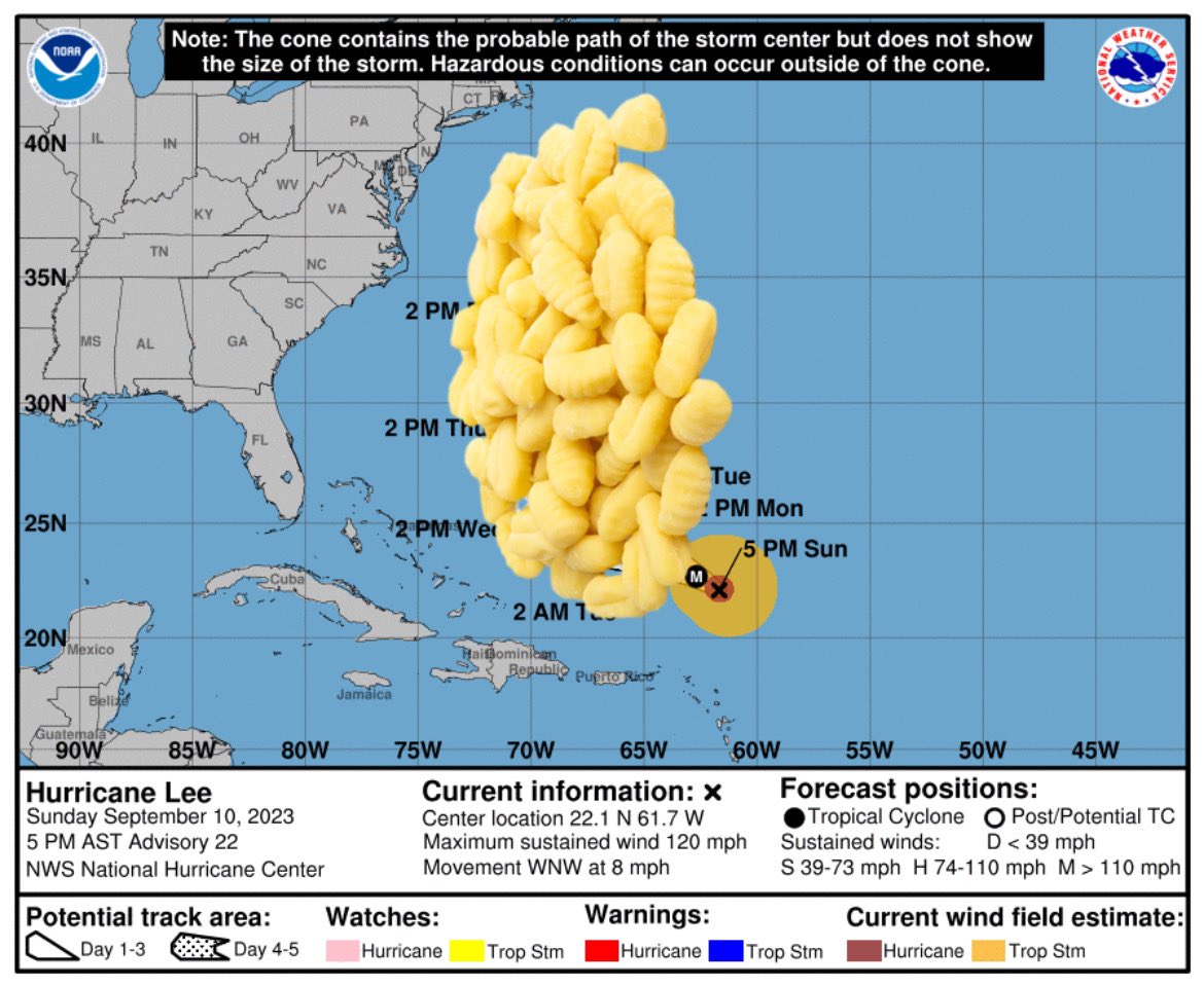 Tired of seeing the spaghetti model map for Hurricane Lee? 

Here’s one with gnocchi instead: