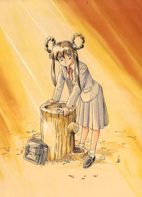 おは妖子ざいます。  この水飲み場は、昔 井の頭公園にありました。  これもクリーム色の色画用紙に描いたものです。  色画用紙だと、「ホワイトの効果」が強い。 ほんのちょっと、差し色にホワイト使うと よく光が当たる。