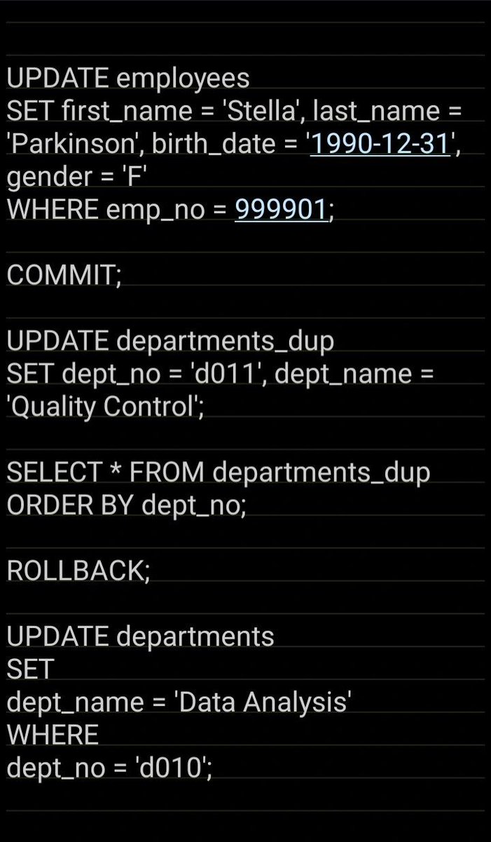 SijiOluloto's tweet image. I've been re-learning MYSQL recently. I just learned about how and when to use the UPDATE, COMMIT and ROLLBACK functions. It's been insightful.
#MySQL #SQL #SQLskills #SQLTraining #DataAnalysis #DataAnalytics #DataAnalyst #BusinessAnalyst #BusinessAnalysis #Data