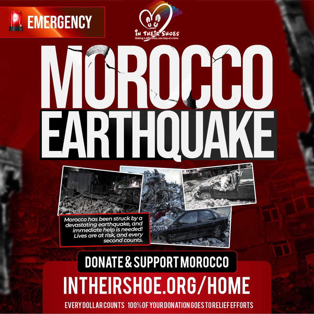 PatriotReels's tweet image. 🌍 Join me in making a difference! For the next 5 days, I'm dedicated to raising support for #Morocco earthquake victims. Let's come together and donate to In Their Shoes Charity at intheirshoes.org/home. Every contribution counts! 🙏 #MoroccoEarthquake #SupportMorocco #Maroc