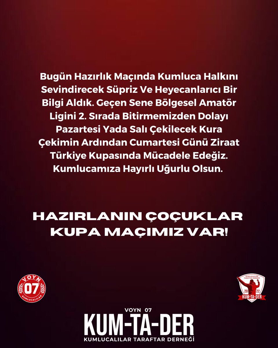 HAZIRLANIN ÇOCUKLAR KUPA MAÇIMIZ VAR! 
.
.
.
#voyn07 #07gençlik #antlaya #gumuca #ziraattürkiyekupası #tff