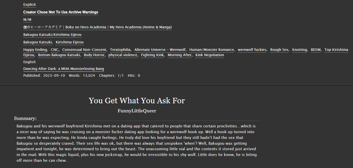 Did someone order werewolf smut? No? here is some anyway. My fic for the <a href="/BNHAMonsterLove/">💙 Dancing After Dark | A BnHA Bang 💙</a> bang! <a href="/smuursch/">🔞🤯</a> drew an obscenely sexy piece of art for this fic. I'll link it below. Please do your eyes a favor and take a look. Thanks to my beta <a href="/hyuge_chan/">Hyuge</a> !🥰
archiveofourown.org/works/50001754