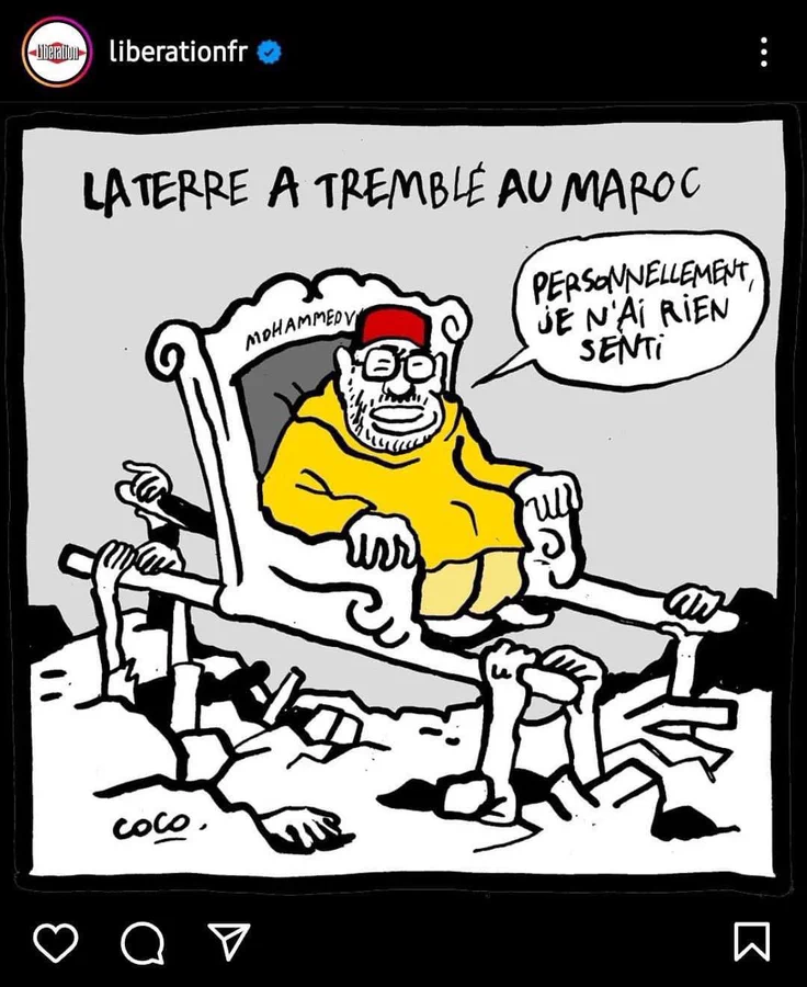 AlertesInfos's tweet photo. 🇫🇷|🇲🇦FLASH - Le dessin à paraître dans le journal Libération, sur le séisme au Maroc, suscite une polémique. https://t.co/MR5Gwh4WPZ