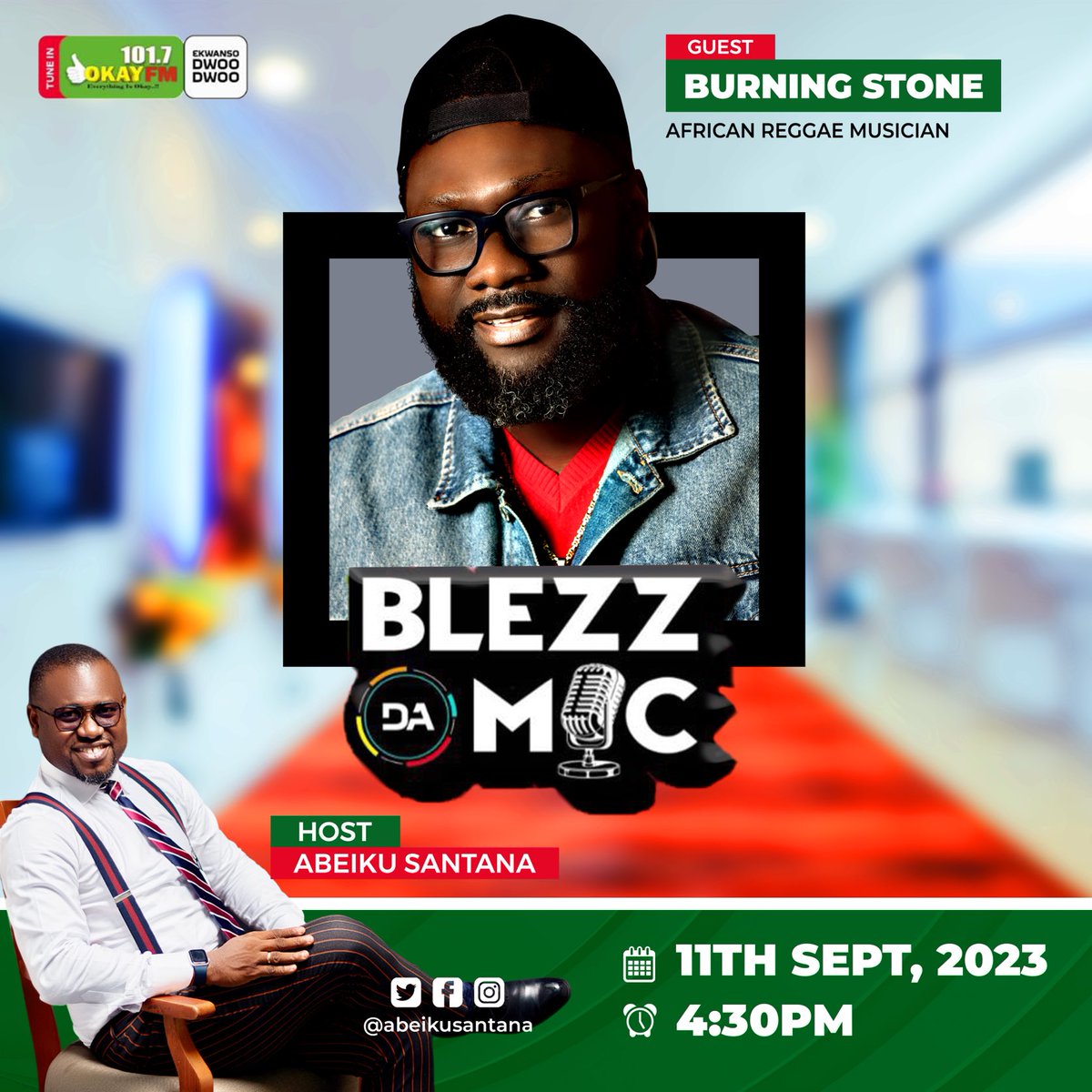 burningstoneuk's tweet photo. Tune in for this live interview with honourable @abeikusantana tomorrow at 4:30pm Ghana 🇬🇭 time sharp. 5:30pm GMT 🇬🇧. Watch live on okay fm Facebook and YouTube. Blessings Still🫶✊🏽

-

-

#burningstone  #newmusic#reggaemusic #hilife #soul #kkfosu https://t.co/GfrKsEMeBI