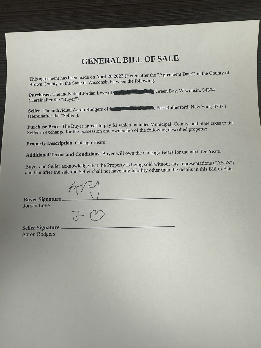 <a href="/AndrewBrandt/">Andrew Brandt</a> Official sale of the bears. Aaron Rodgers sold to Jordan Love for a wopping $1
