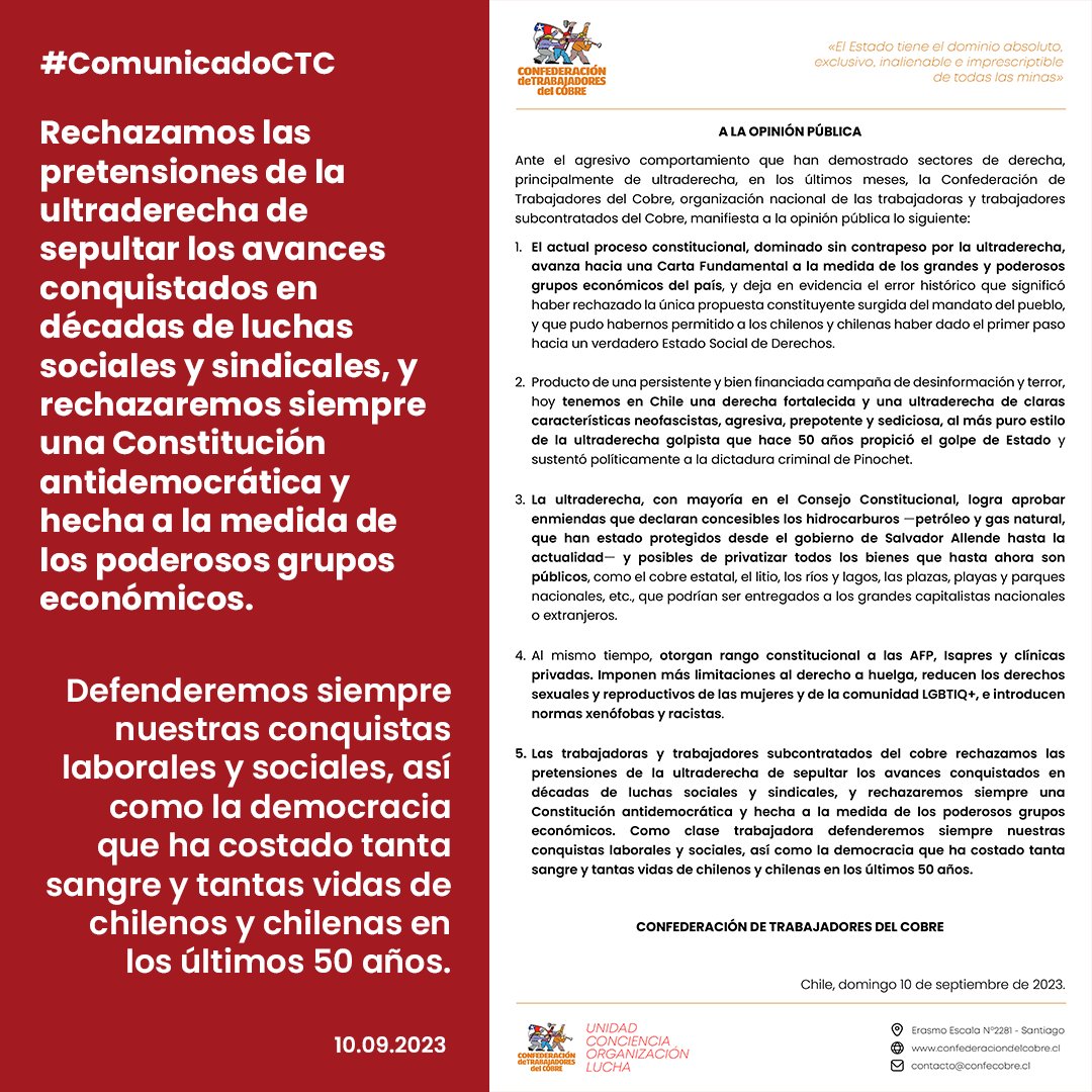 ConfeCobre's tweet photo. #ComunicadoCTC ante arremetida de la ultraderecha en nuestro país | Defenderemos siempre nuestras conquistas laborales y sociales, así como la democracia que ha costado tanta sangre y tantas vidas de chilenos y chilenas en los últimos 50 años. https://t.co/CqDINpcjc3