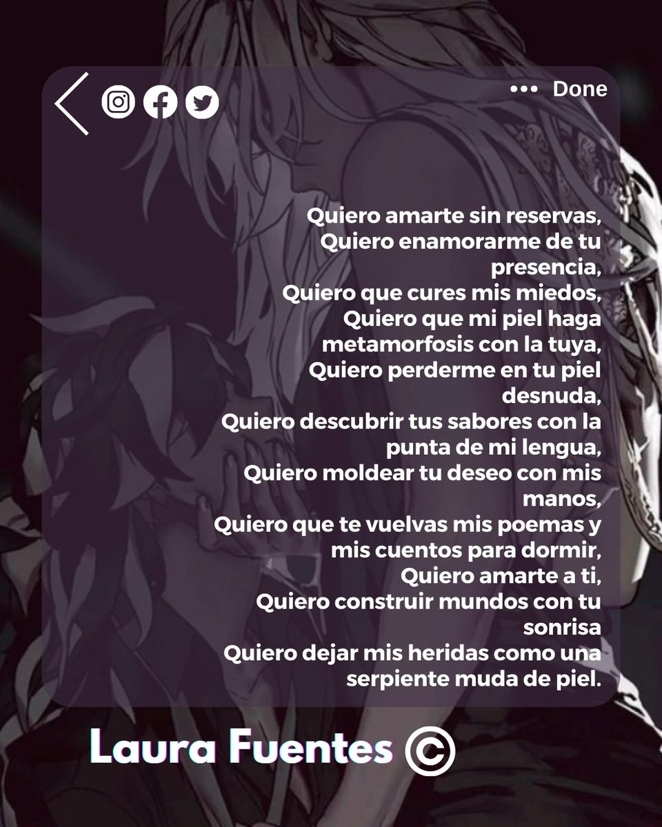 Laura Fuentes (@laura_fuenteslh) on Twitter photo Laura Fuentes©️
laurafuentesescritora.wordpress.com
🟥🟨🟩🟦🟪
Mis libros:
Circuitos Infinitos.
editorialjacinto.com/producto/circu…
Zion Vol. 1
edicionesletrasnegra.com/nuestros-sello…
Las Cinco Lunas.
editorialjacinto.com/producto/las-c…
🟥🟨🟩🟦🟪
#deamoryotrosvicios #deamor #dedesamor #frases #escritor #amor #poesia #poemas Laura Fuentes©️
laurafuentesescritora.wordpress.com
🟥🟨🟩🟦🟪
Mis libros:
Circuitos Infinitos.
editorialjacinto.com/producto/circu…
Zion Vol. 1
edicionesletrasnegra.com/nuestros-sello…
Las Cinco Lunas.
editorialjacinto.com/producto/las-c…
🟥🟨🟩🟦🟪
#deamoryotrosvicios #deamor #dedesamor #frases #escritor #amor #poesia #poemas