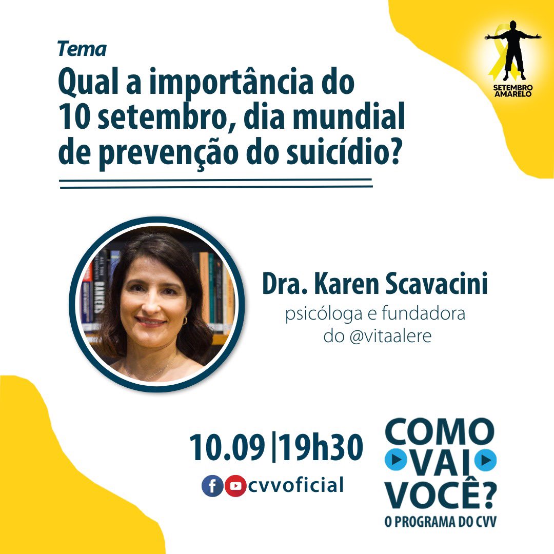 De que forma o #DiaMundialdaPrevençãoDoSuicídio pode ajudar em uma vida com mais saúde e empatia ao longo dos meses do ano? Acompanhe a edição especial do #ComoVaiVocê? Neste domingo, 19h30, no YouTube e Facebook do <a href="/CVVoficial/">CVV</a> 🎗️

🔗 youtube.com/live/OgJiWGDw2…

#WSPD23 #CVV188 #CVV