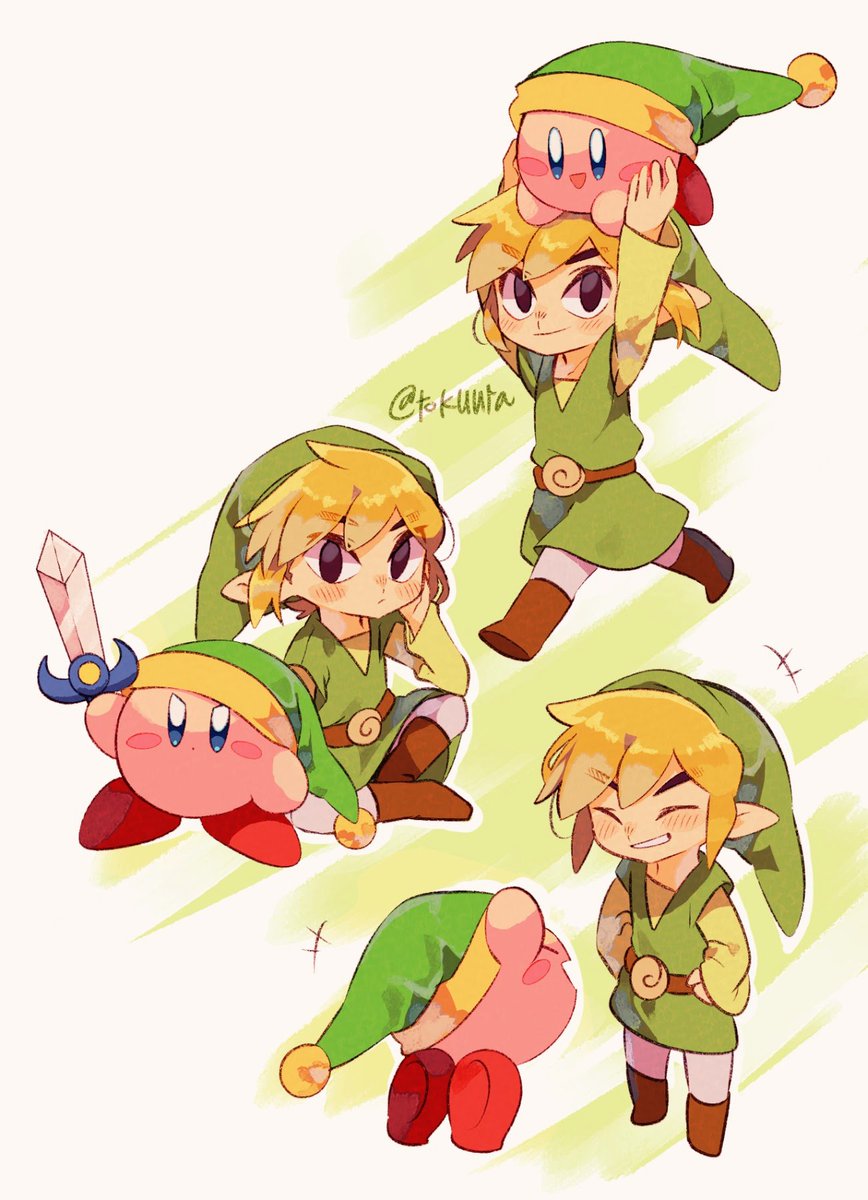 kirby ,link ,toon link green headwear weapon blonde hair hat sword smile pointy ears  illustration images