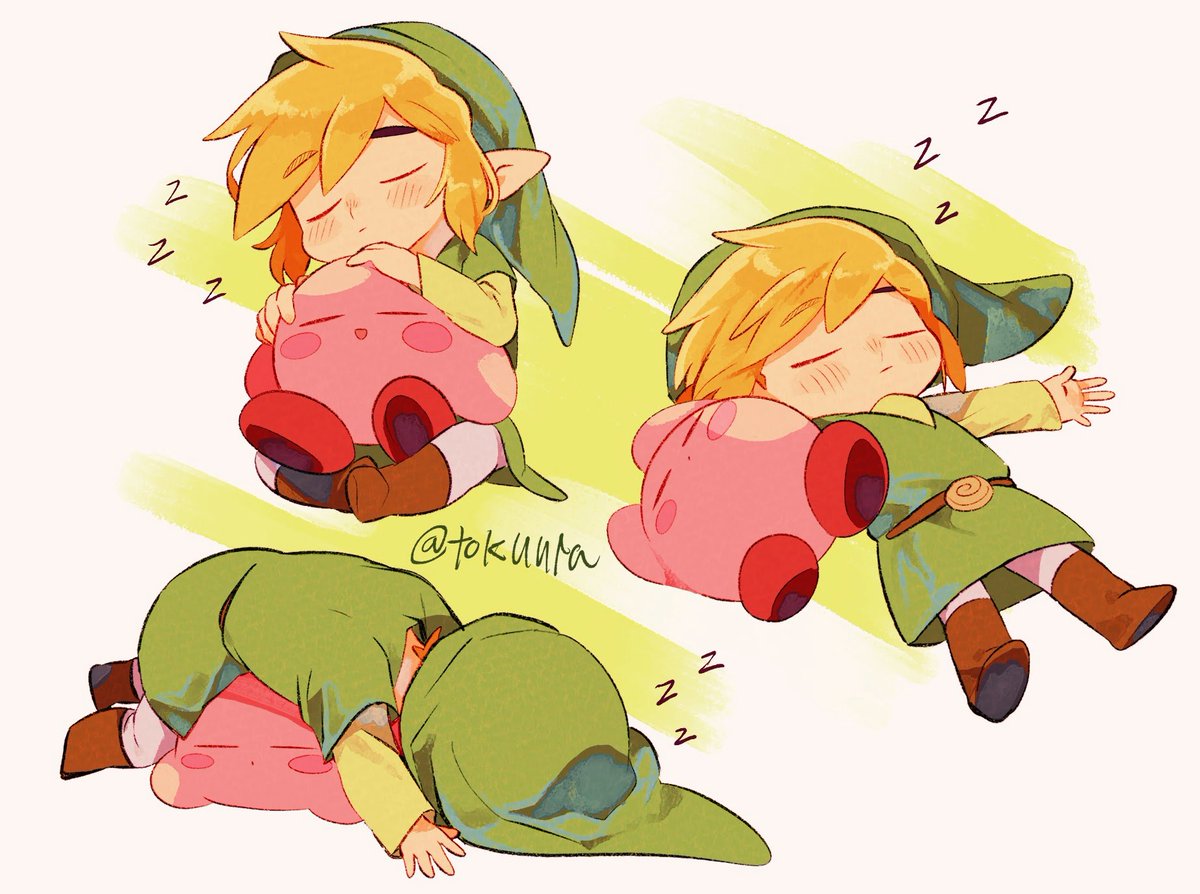 kirby ,link ,toon link green headwear weapon blonde hair hat sword smile pointy ears  illustration images