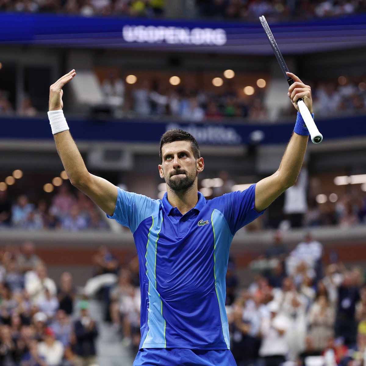 atptour's tweet photo. Never Back Down Never What? 👊

Now just one set away as @DjokerNole takes a two set lead 6-3, 7-6(5)!

@usopen | #USOpen https://t.co/tdlGygl32G