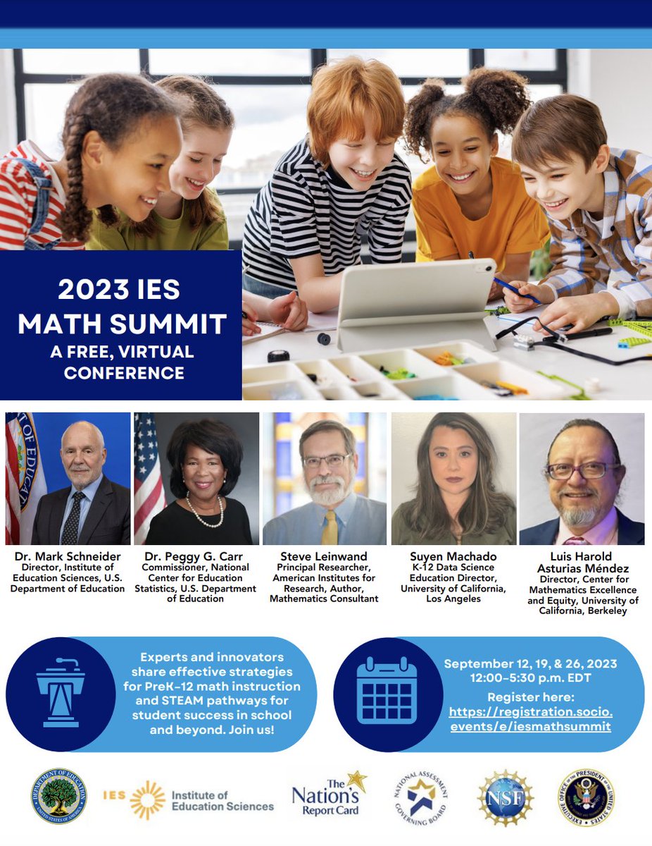 Math educators: The IES Math Summit is taking place virtually over the next 3 Tuesdays: Sep 12, 19, 26. Lots of great sessions and panels, covering preK-12. Free. Register here: registration.socio.events/e/iesmathsummit