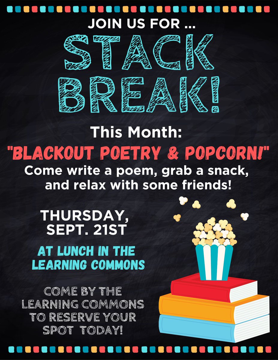 Bethany Smith (@bsmithvcs) on Twitter photo Coming Soon: "Blackout Poetry & Popcorn!"
Our next Stack Break of the year. Sign up in the Learning Commons and spread the word, Wolfpack!
<a href="/MikeMicallef1/">Mike Micallef</a> <a href="/dhshappenings/">Deltona High School Happenings</a> Coming Soon: "Blackout Poetry & Popcorn!"
Our next Stack Break of the year. Sign up in the Learning Commons and spread the word, Wolfpack!
<a href="/MikeMicallef1/">Mike Micallef</a> <a href="/dhshappenings/">Deltona High School Happenings</a>