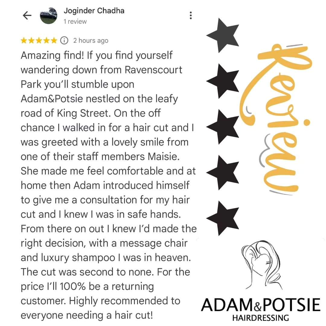 Thanks so much to Joginder for this fab Google review about Maisie and Adam. It's really appreciated 💕

#hammersmithandfulham #hammersmithlife #Hammersmith #Chiswick #ealing #Acton #brentord #london #westlondon #turnhamgreen #RavenscourtPark #salonlondon #salonlife