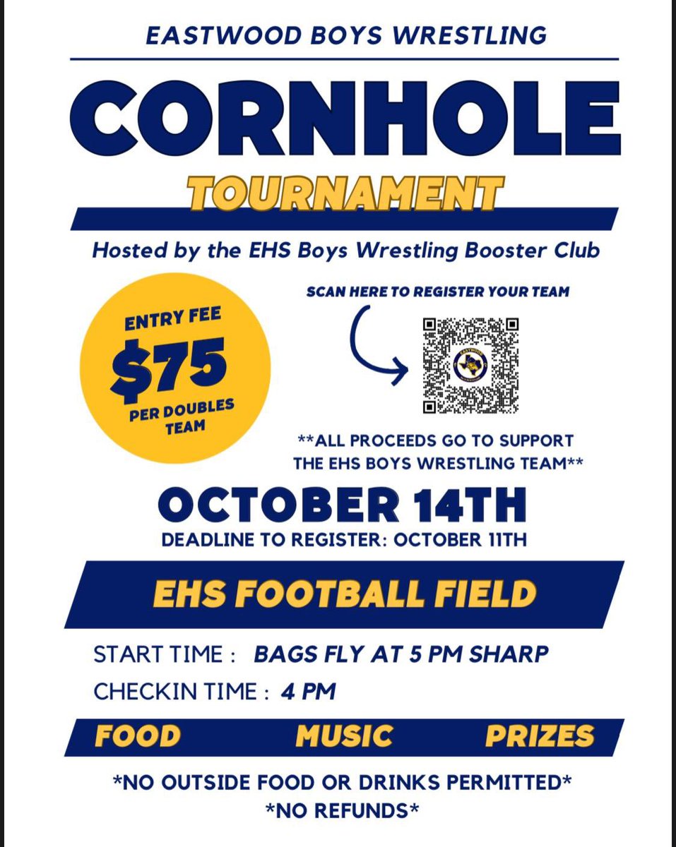 Put your cornhole skills to the test with a buddy and come join us for our 1st annual Cornhole Tournament! Prizes included 🫨 Register your team using the QR code or link below! 

bit.ly/ehscornholetou…