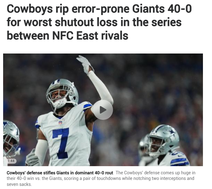 Cowboys rip error-prone Giants 40-0 for worst shutout loss in the