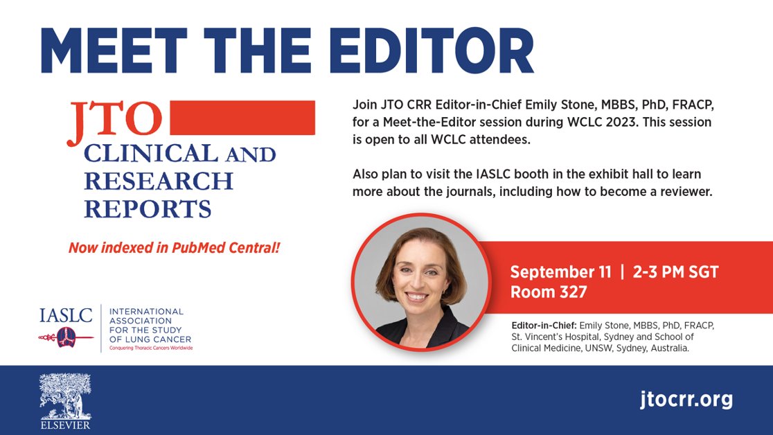 Open to all #WCLC23 attendees: Meet the Editor-in-Chief of #JTOCRR, Dr. Emily Stone, today 2-3pm in Room 327. See you there! #LCSM