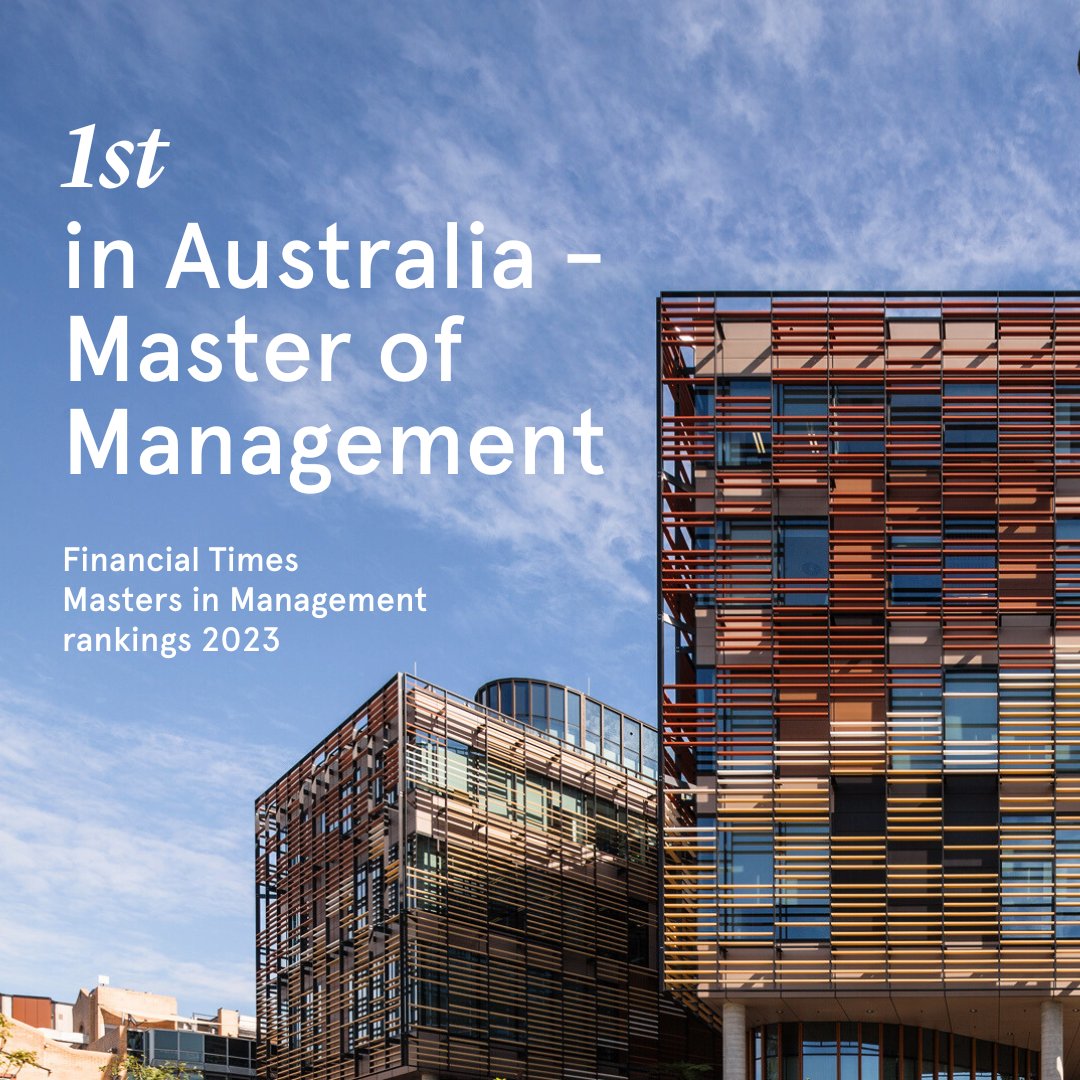 🥇Our Master of Management program has been ranked 1st in Australia in the Financial Times Masters in Management rankings 2023. Congratulations to our Business School community! Join our Master of Management webinar on the 19th of September to learn more: bit.ly/45ImZ8D