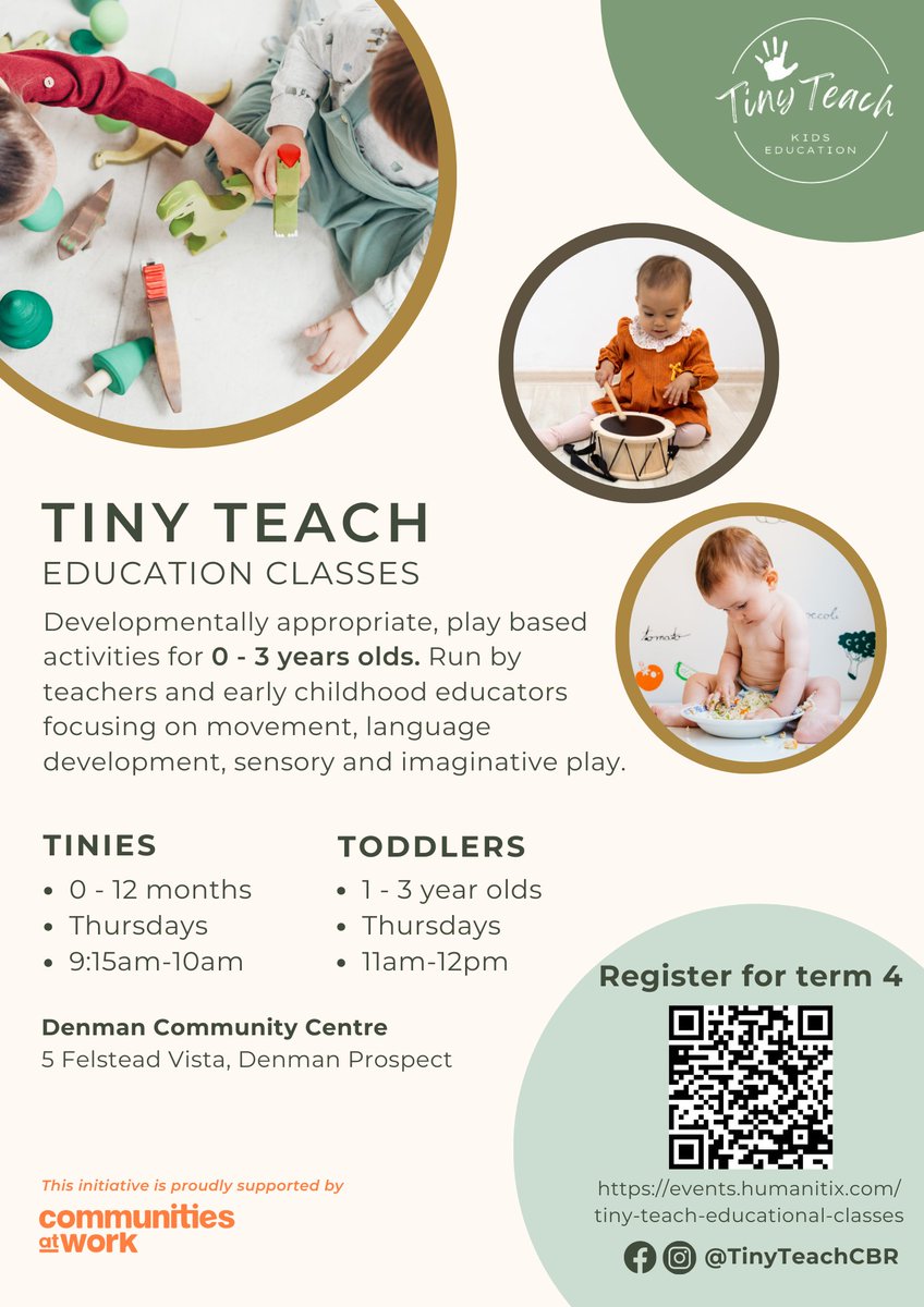 Babies and toddlers love learning through play, so why not try Tiny Teach?  Communities at Work proudly supports Tiny Teach!

events.humanitix.com/tiny-teach-edu…

#TinyTeach #Communitesatwork #Denmanvillagecommunitycentre #CommunitySupport