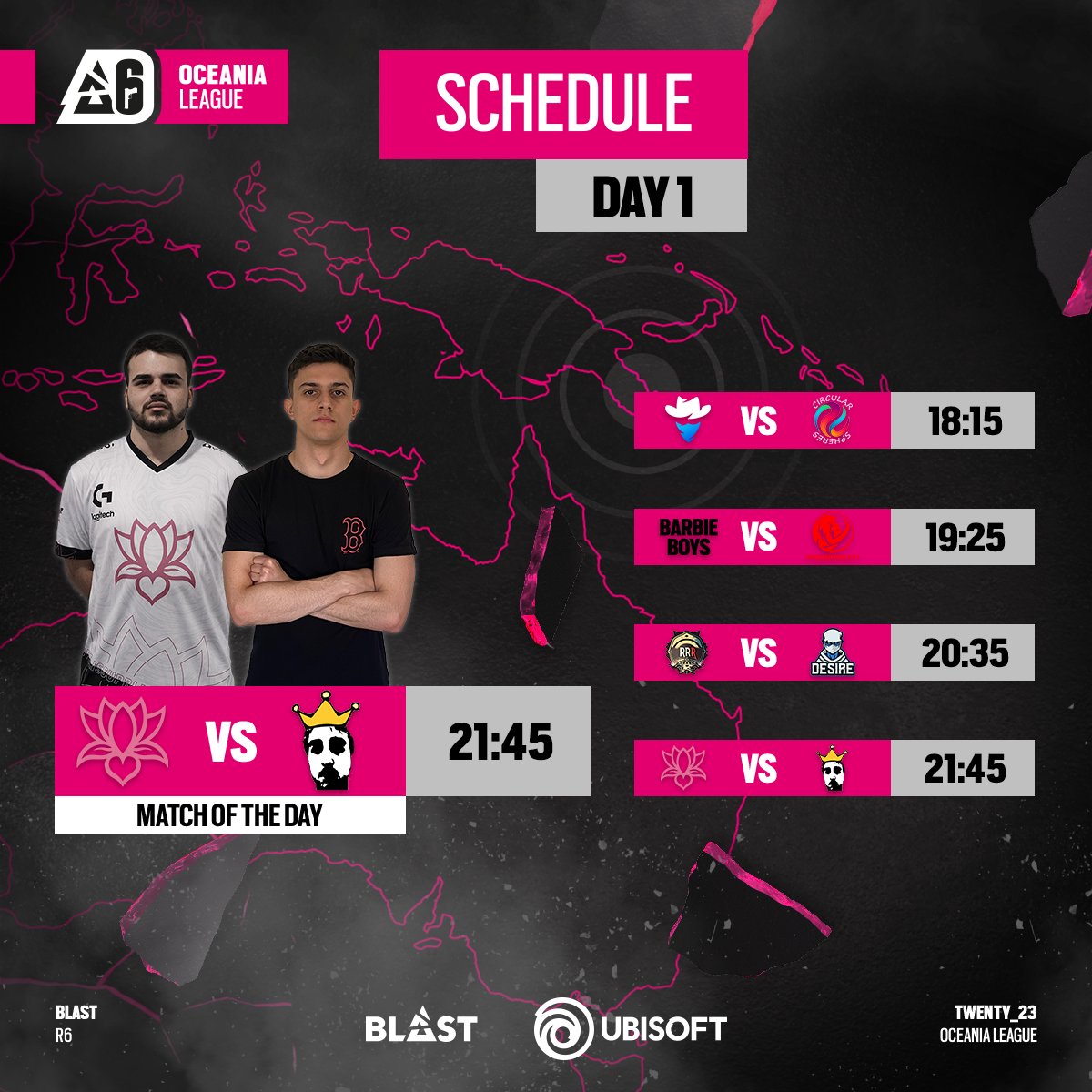 Tune in tonight for the first day of #BLASTR6 OCEANIA LEAGUE 💪

We kick off at 6:00 PM on the Official Rainbow 6 Twitch Channel 💥