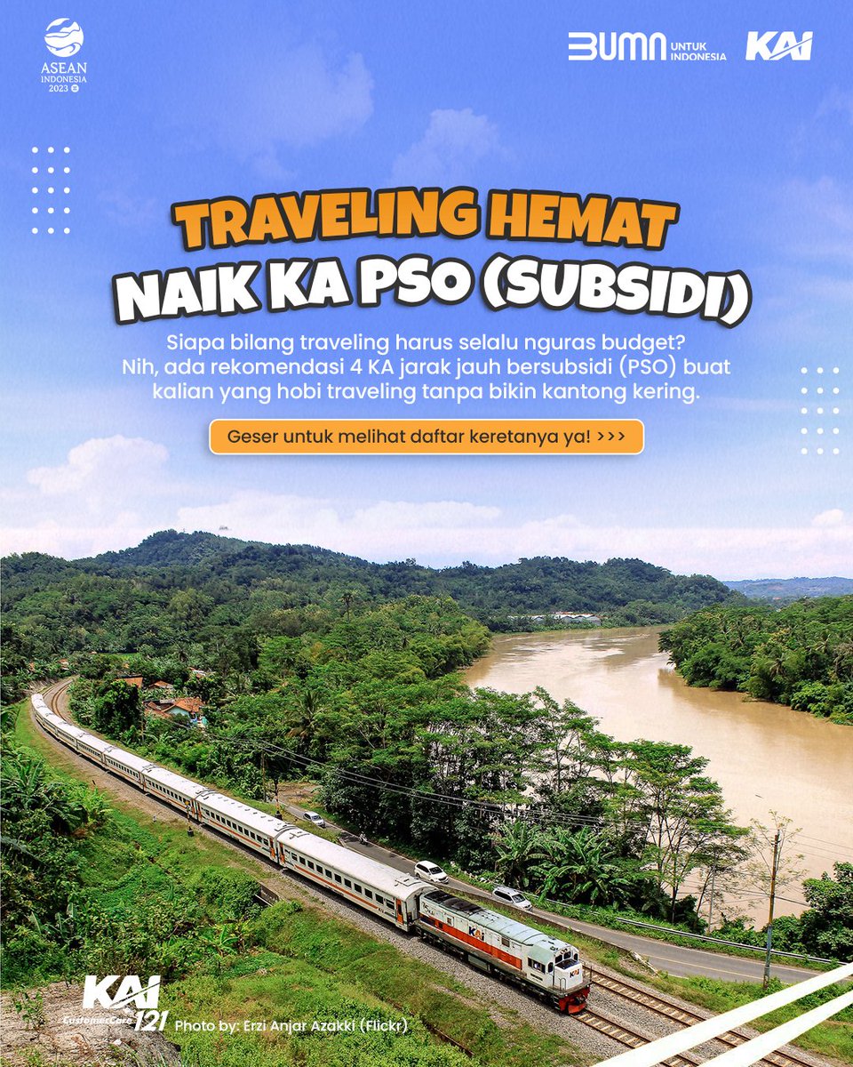 KAI121's tweet photo. Traveling Tanpa Bikin Kantong Kering, Naik KA Bersubsidi (PSO)

Sisa cuti masih banyak, enaknya dijadwalin buat traveling gak sih? Tapi budget pas-pasan nih, min! Bagi tips traveling anti boncos dong!

Tenang, bestie! Di postingan ini, Railmin mau ngasih tips traveling ramah kantong pakai kereta api bersubsidi atau PSO (Public Service Obligation). Ada 4 kereta api jarak jauh, yang saat ini masuk kategori KA bersubsidi.

#KAI121 
#KABersubsidi 
#AyoNaikKereta 
#KeretaApi