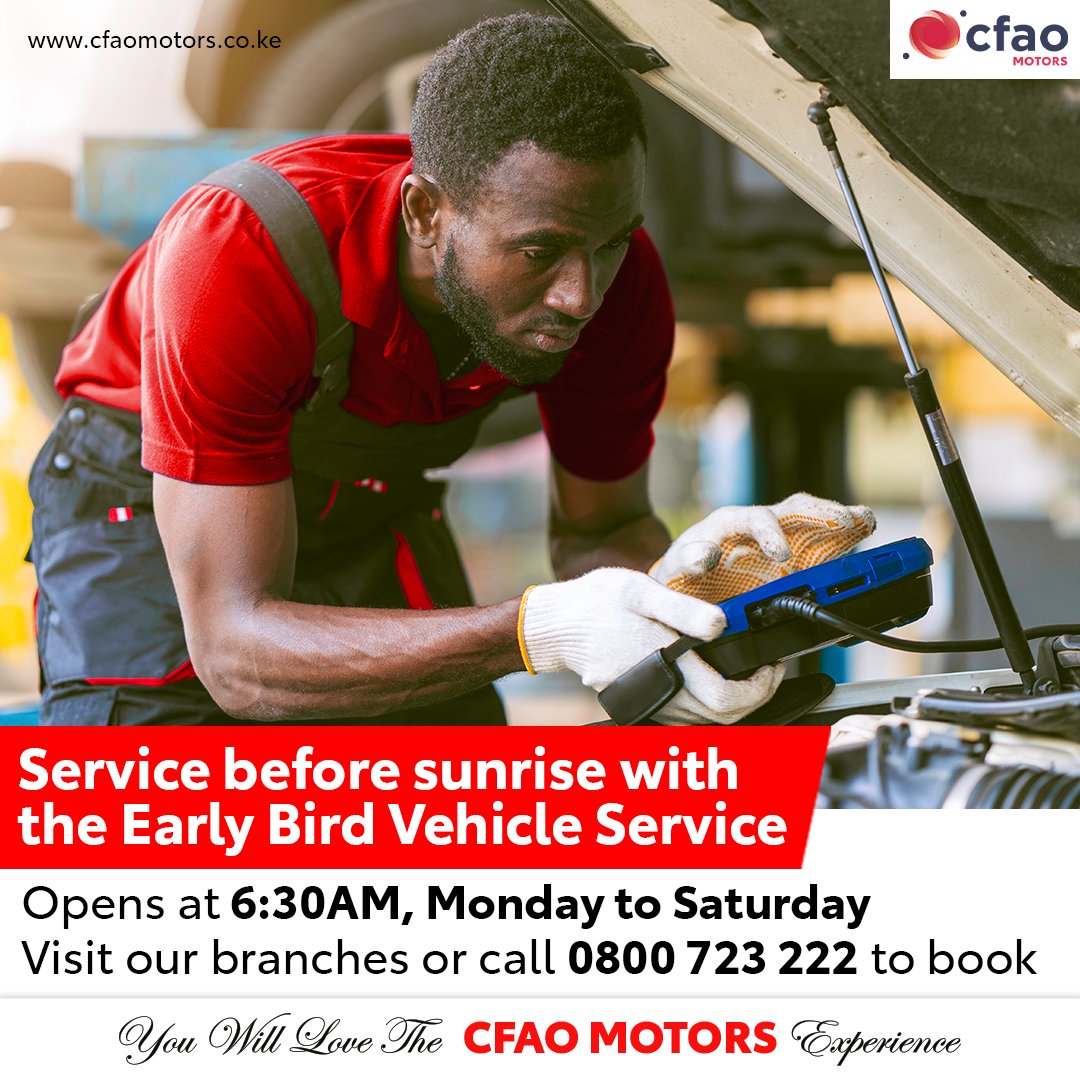 ToyotaCFAOKE's tweet photo. We are geared up to roll with you bright and early. Our doors swing wide at 6:30am, because we respect the hustle and value your time. Visit any of our branches for #EarlyBirdService, call 0800 723 222 or email enquirieskenya@cfao.com for more information.
#CFAOMotorsDrivesKenya https://t.co/4q6lg54cdT