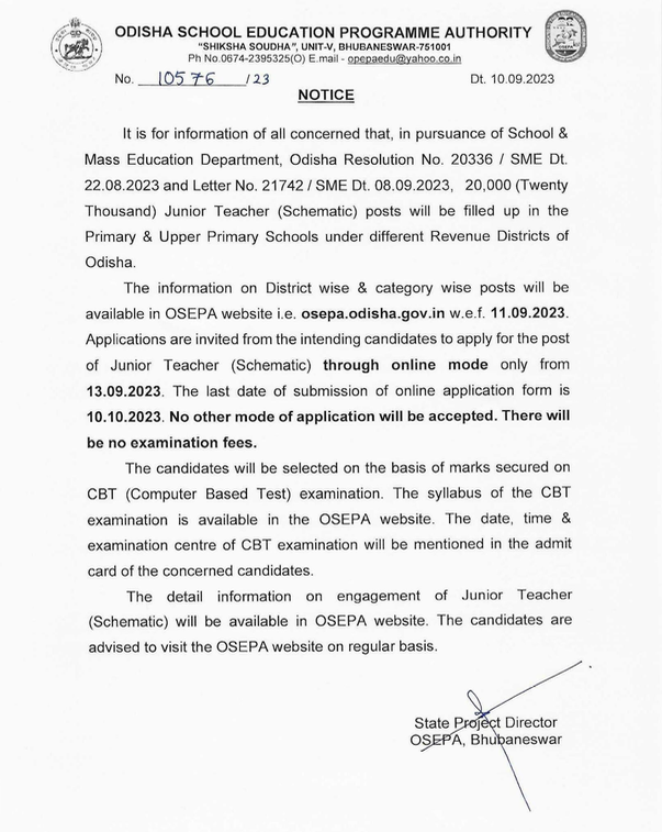 SMEOdisha's tweet photo. 𝙊𝙛𝙛𝙞𝙘𝙞𝙖𝙡 𝘼𝙣𝙣𝙤𝙪𝙣𝙘𝙚𝙢𝙚𝙣𝙩: We are pleased to inform aspiring educators in Odisha about a significant opportunity. A total of 20,000 junior teacher (Schematic) positions in primary and upper primary schools will soon be available. https://t.co/rjOUGP3JQU