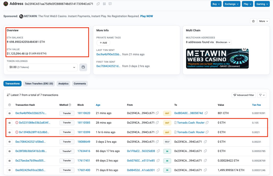 PeckShieldAlert's tweet image. #PeckShieldAlert The #Polynetwork exploiter-labeled address has transferred 801 $ETH to a new address 0xdBDA…874d after failing to transfer $ETH to #TornadoCash