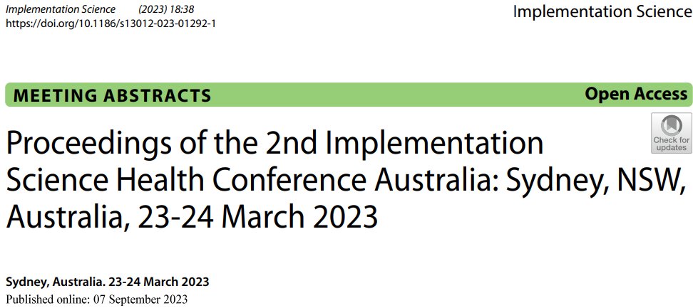 Mitchell Sarkies (@mitchellsarkies) on Twitter photo 🎉#ISHCA proceedings have been published in <a href="/ImplementSci/">Implementation Science</a> Big thanks to <a href="/SHPartners/">Sydney Health Partners</a> <a href="/MBG_SPHERE/">SPHERE</a> @HossaiGul for making this event come to life, and <a href="/nicole_rankin8n/">A/Prof Nicole Rankin</a> for your leadership #ISHCA23 #ImpSci #ImplementationScience #ImpSciSHP Open access here 👇
…plementationscience.biomedcentral.com/articles/10.11… 🎉#ISHCA proceedings have been published in <a href="/ImplementSci/">Implementation Science</a> Big thanks to <a href="/SHPartners/">Sydney Health Partners</a> <a href="/MBG_SPHERE/">SPHERE</a> @HossaiGul for making this event come to life, and <a href="/nicole_rankin8n/">A/Prof Nicole Rankin</a> for your leadership #ISHCA23 #ImpSci #ImplementationScience #ImpSciSHP Open access here 👇
…plementationscience.biomedcentral.com/articles/10.11…