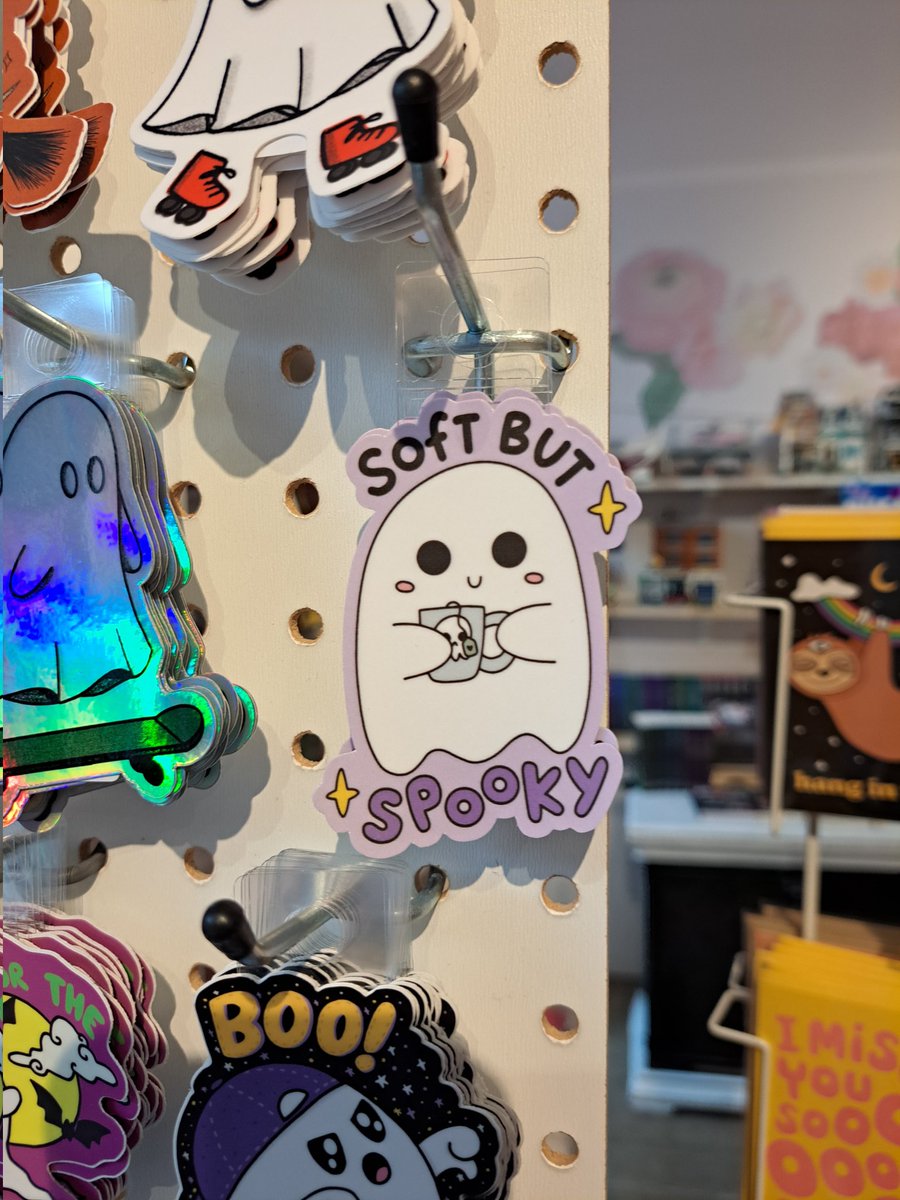 For a cozy little bookstore, their monster romance selection was surprisingly broad! I spotted books from two of my favorites in the genre, <a href="/damewithapen/">Jillian Graves✨WIP Rook: A Primal Gargoyle Romance</a> and <a href="/opalreyne/">OpalReyne_Author</a>. They also had tons of stickers with little ghosts, so I felt right at home.