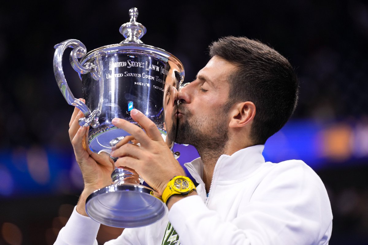 TennisHalloFame's tweet photo. Congrats on Grand Slam #24!

@DjokerNole becomes the oldest Men's US Open winner in the Open Era at 36 years old, passing Hall of Famer Ken Rosewall when he won the final at 35 in 1970.

Djokovic also matches Margaret Court's record of 24 Grand Slam singles wins 🏆 https://t.co/GqnXH5U774