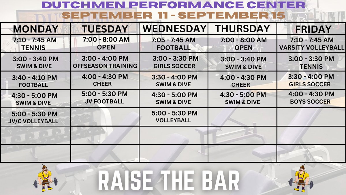 Here is the upcoming week of training. Many opportunities ahead to take advantage of. #RaiseTheBar #TheDutchmenWay
