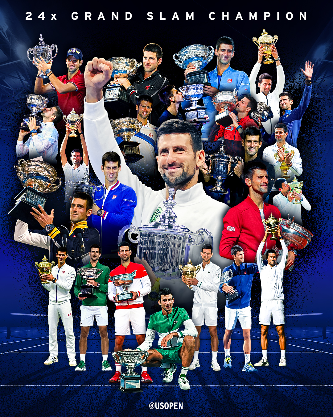 Graphic: 24 picture cutouts of Novak Djokovic with all of his trophies. 