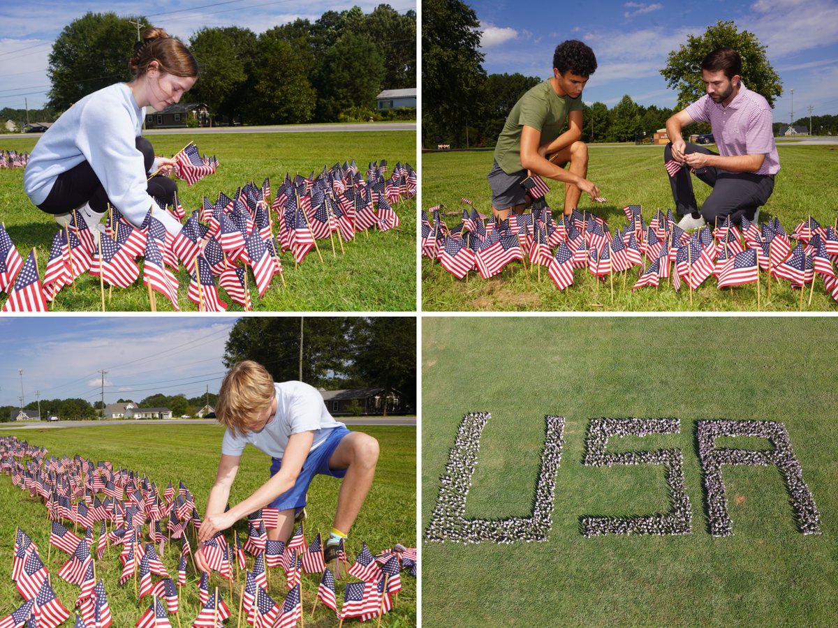 OconeeCoSchools's tweet photo. North Oconee students, with an assist from State Rep. Houston Gaines, placed 2,977 United States flags on the school grounds to commemorate the men and women lost on Sept. 11, 2001. #OconeeFamily https://t.co/foXv06os2e