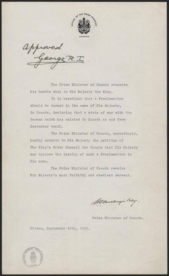 'Today in 1939, Canadian Prime Minister Mackenzie King wrote to King George VI requesting his approval to declare a state of war between Canada & the German Reich, marking Canada’s entrance into World War II.' 🇨🇦🇬🇧 #cdnpoli #cdncrown #cdnhist #WWII #Canada