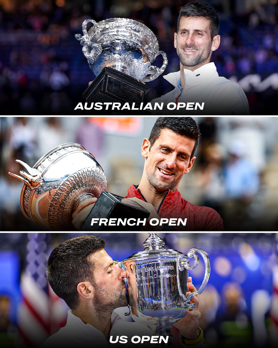 espn's tweet photo. 🇦🇺 Australian Open
🇫🇷 French Open
🇺🇸 US Open

What a year it has been for Novak Djokovic 🏆🏆🏆 https://t.co/2rrbCVlhRF