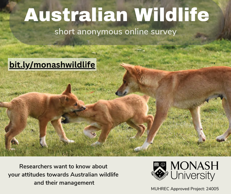 Australian adults 📢 Please take this short, anonymous online survey and support one of my fabulous graduate students' research. I'm really excited to see what we learn in this one 💡 Details/Take part: bit.ly/monashwildlife #wildoz #agchatoz #science #wildlife #Australia