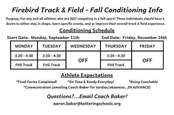 FirebirdThrows (@firebirdthrows) on Twitter photo Fall conditioning for anyone not in a fall sport! <a href="/FirebirdsXCTF/">Firebirds_TF</a> <a href="/FHSAthletics1/">Fairmont Firebird Athletics - Chris Weaver, AD</a> Fall conditioning for anyone not in a fall sport! <a href="/FirebirdsXCTF/">Firebirds_TF</a> <a href="/FHSAthletics1/">Fairmont Firebird Athletics - Chris Weaver, AD</a>