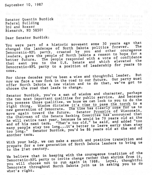 Cory_Haala's tweet image. Vault time! #OTD in 1987, some #NorthDakota #DNPL members asked incumbent 79-y.o. Sen. Quentin Burdick not to seek reelection. They hoped Byron Dorgan would run (and he'd sought support), kicking off months of acrimonious shadowboxing btwn the two.

More on ND '88 in a few days.