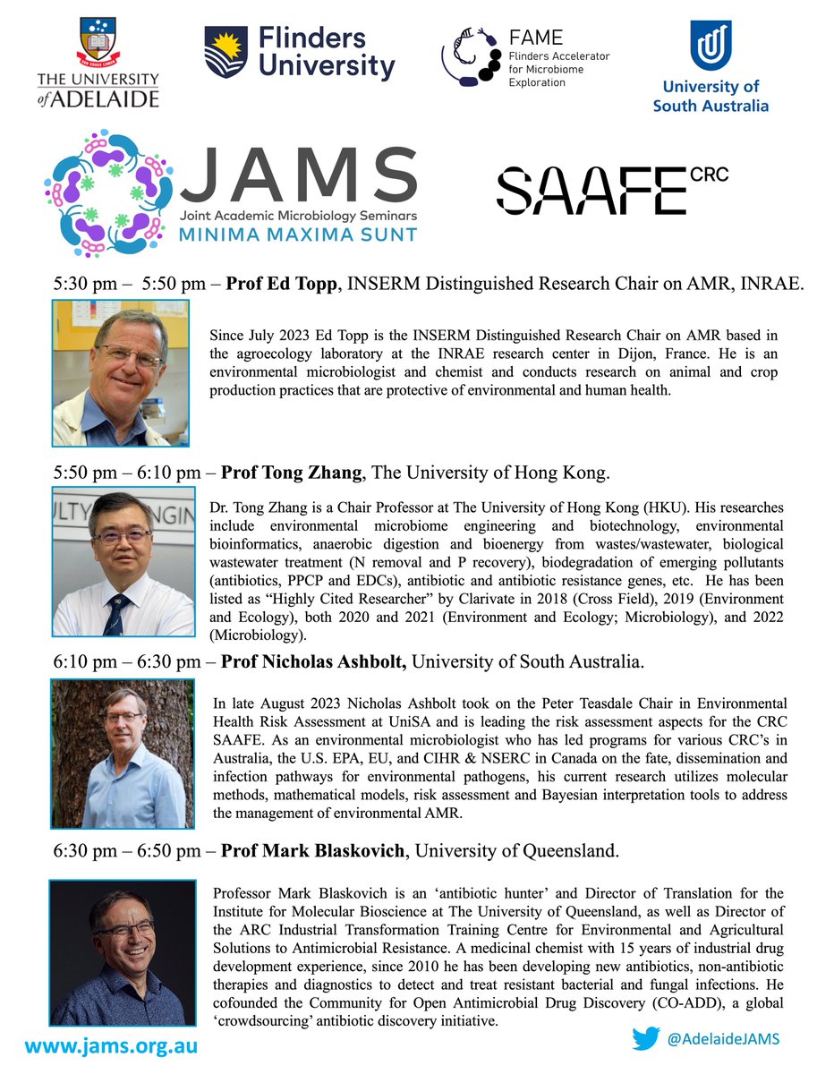 Adelaide JAMS (@adelaidejams) on Twitter photo Adelaide JAMS returns on Sept 20th (5:30PM to 7:30 PM) at the National Wine Centre of Australia, with four exceptional speakers who are coming to Adelaide as part of the SAAFE CRC launch!! Join us!! <a href="/BarbaraDrigoAU/">A/Prof Barbara Drigo</a> <a href="/linsalrob/">Rob Edwards</a> <a href="/DinsdaleLab/">DinsdaleLab</a> <a href="/mike_microbe/">Dr. Michael Doane</a> @VilmaPrez9 Adelaide JAMS returns on Sept 20th (5:30PM to 7:30 PM) at the National Wine Centre of Australia, with four exceptional speakers who are coming to Adelaide as part of the SAAFE CRC launch!! Join us!! <a href="/BarbaraDrigoAU/">A/Prof Barbara Drigo</a> <a href="/linsalrob/">Rob Edwards</a> <a href="/DinsdaleLab/">DinsdaleLab</a> <a href="/mike_microbe/">Dr. Michael Doane</a> @VilmaPrez9