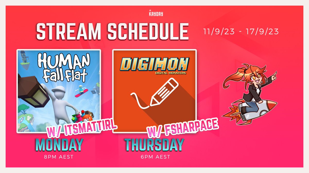 kayday_mayday's tweet image. i am pleased to report i am BACK TO STREAMING THIS WEEK!!! 

ft. MATT MONDAY (@ItsMattIRL) + DIGIMON THURSDAY (@FSharpAce)  where i try to badly draw digimon from name and description alone &amp;lt;33

i missed y&apos;all a lot so come say hi 🥹