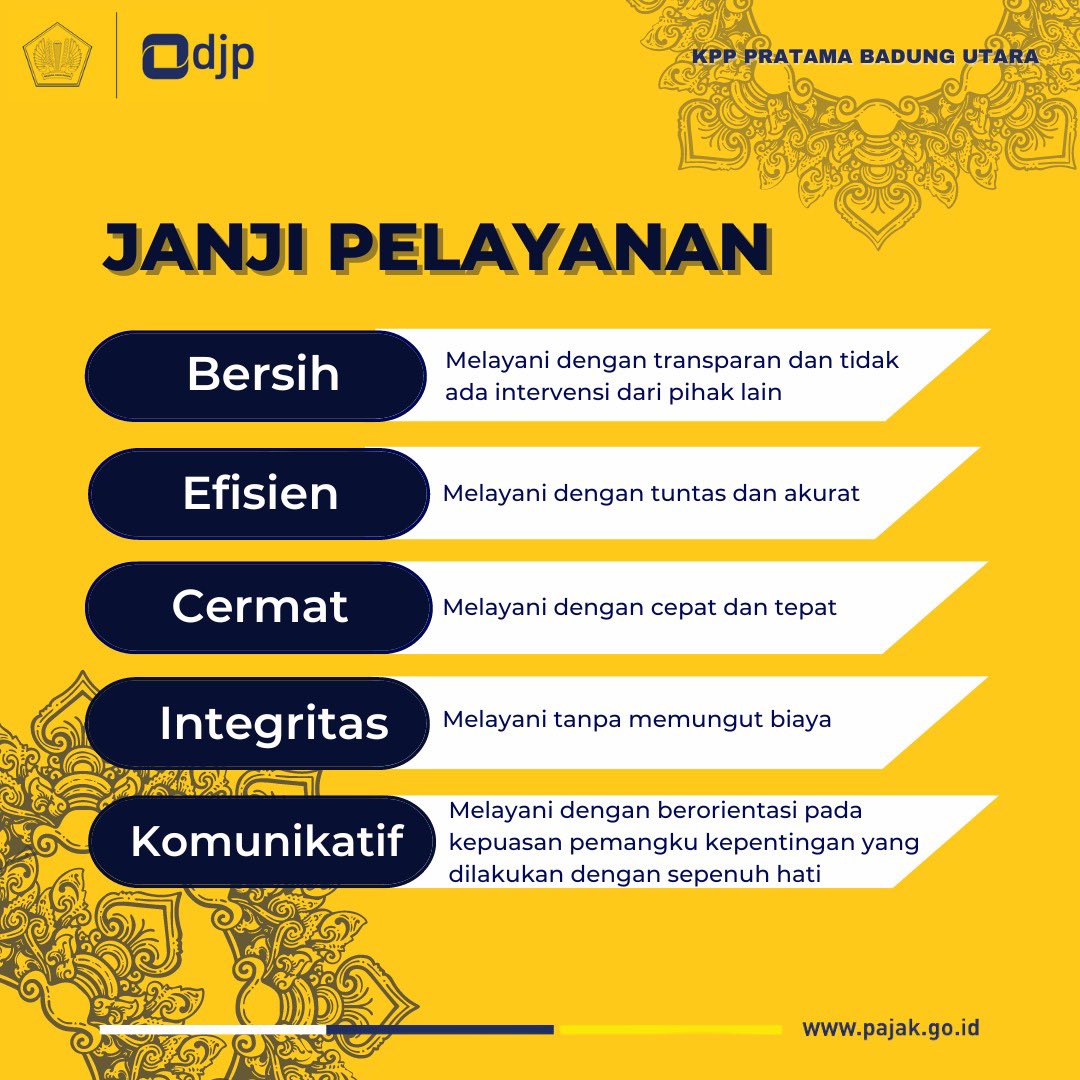 pajakbatara's tweet photo. Halo #SemetonPajak!
Sesuai dengan Janji Pelayanan kami, BECIK. Berikut adalah penjabaran sebuah janji dalam memberikan setiap layanan kepada #SemetonPajak.
Simak infografis di atas untuk informasi lebih lanjut!
#PajakKitaUntukKita
#PajakKuatIndonesiaMaju https://t.co/vfX0VktDZW