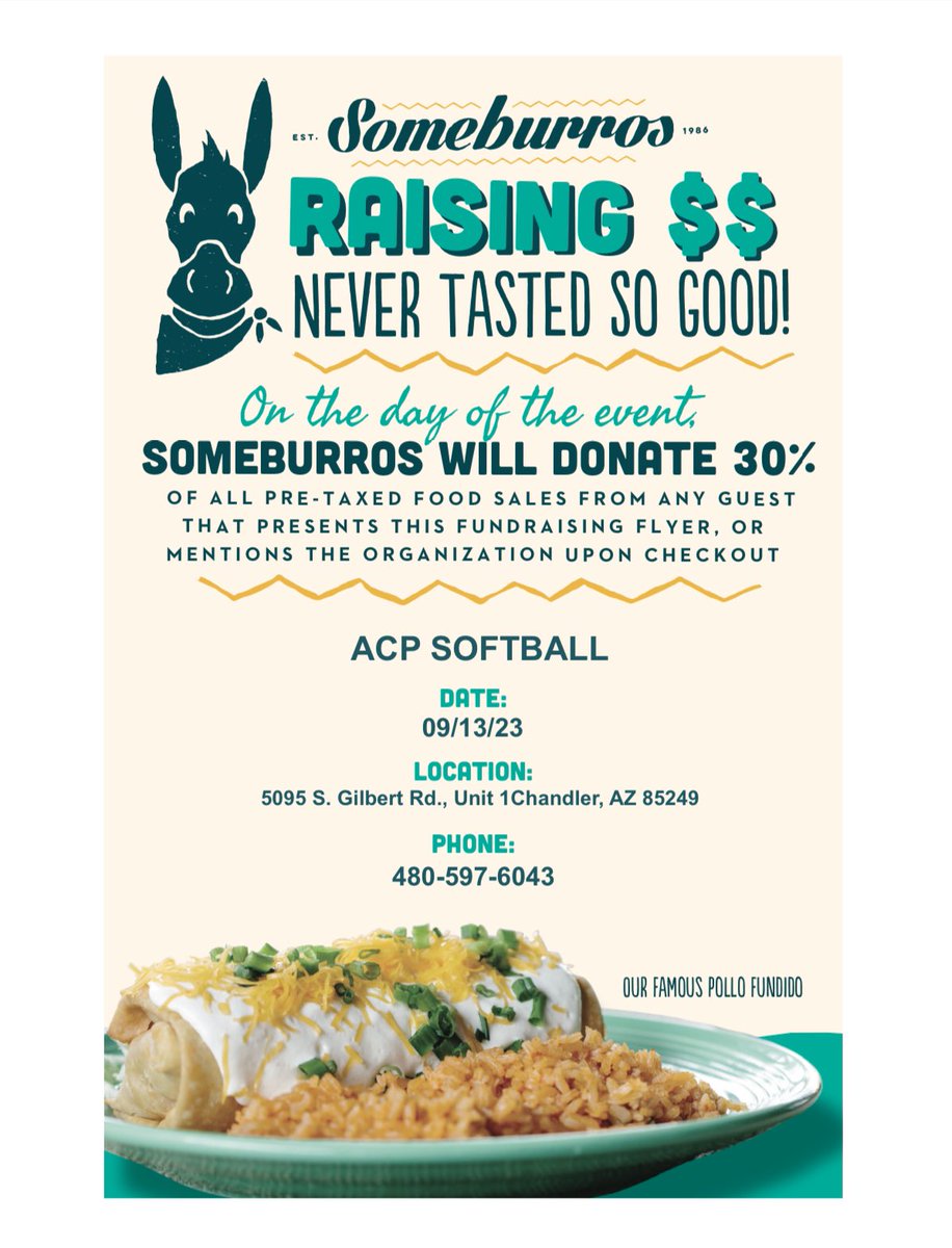 Come support ACP softball at Someburro’s on Wednesday, September 13th from 9:00 am to 9:00pm!