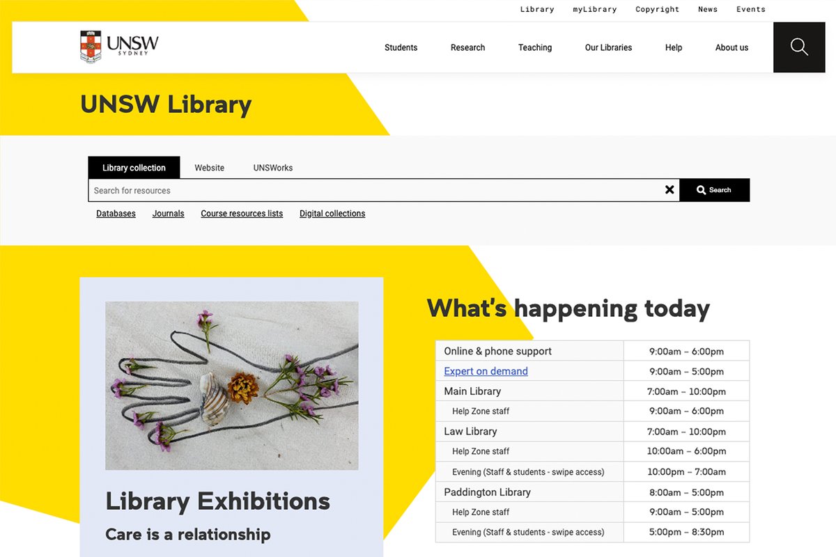UNSWLibrary's tweet photo. Happy first week of Term 3, 2023. Welcome to all new #UNSW staff and students. The #UNSWLibrary  website recently had a makeover. We have new features to make searching for information easier. Discover the changes we've made.

https://t.co/TSWMJuwpKR https://t.co/XE8GJfqfiP