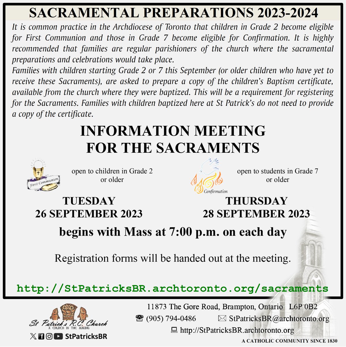 #NEWS: Information Meetings for those registering for First Communion and Confirmation 2023-24

<a href="/stpatsDPCDSB/">St. Patrick School</a> <a href="/LourdesDPCDSB/">Our Lady of Lourdes</a> <a href="/dpholyspirit/">Holy Spirit School</a> <a href="/Hawksat25/">St. Andre Bessette</a> <a href="/McSpirittDPCDSB/">Fr.Francis McSpiritt</a>