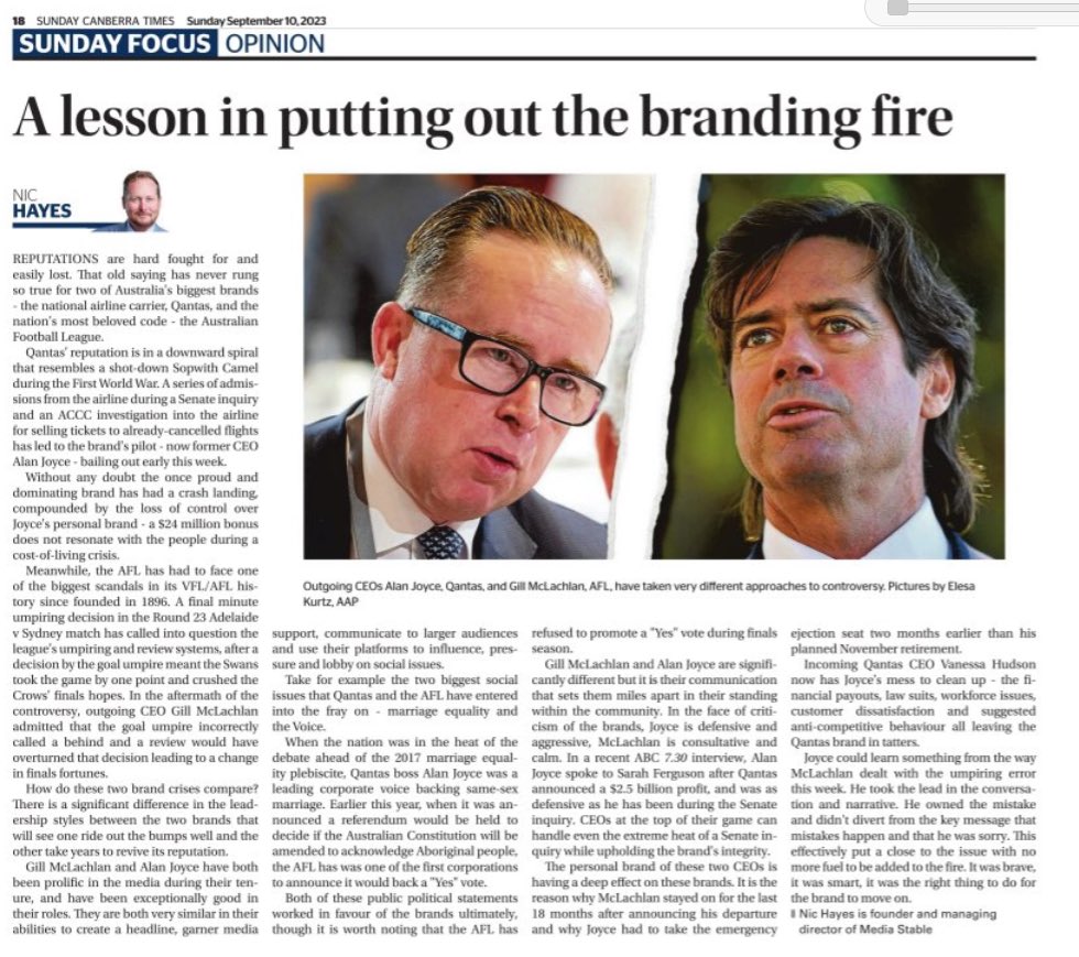 Media_Stable's tweet photo. The boss penned this piece for the @canberratimes … the difference between the leadership of @AFL and @Qantas 

It all comes to the CEO….

#communication #mediarelations #media #qantas #afl https://t.co/kqRVoXIluh